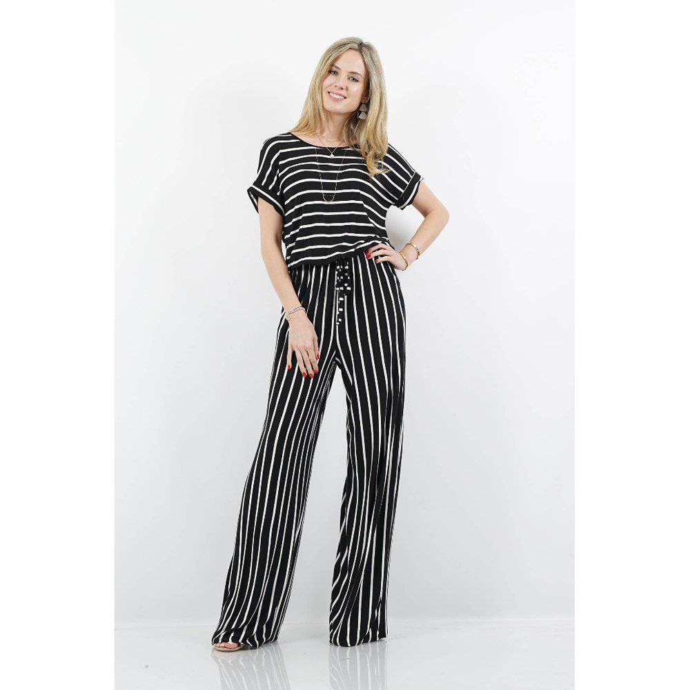 Stripe jumpsuit with elastic waist & Keyhole back